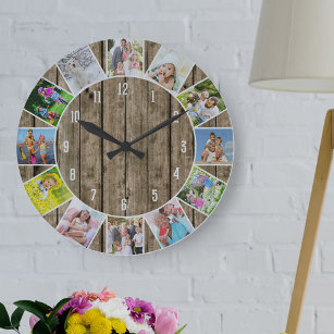 Grande Horloge Ronde Collage personnalisé de 12 photos en bois naturel 