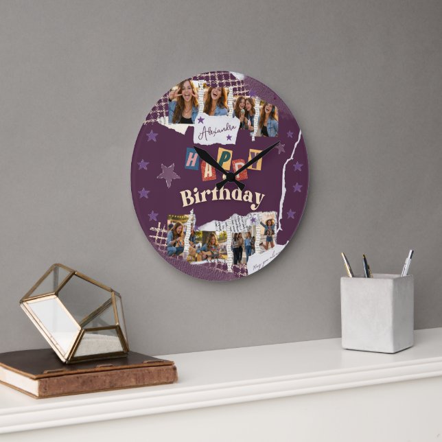 Grande Horloge Ronde Collage photo d'anniversaire en album personnalisé (Bureau)
