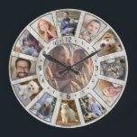 Grande Horloge Ronde Collage Photo Famille 13 Ferme Bois Personnalisé F<br><div class="desc">Cette horloge photo collage de ferme moderne comprend 13 de vos photos de famille préférées en forme de cercle, avec une photo au centre et 12 autour, coïncidant avec les heures d'horloge. Chaque photo a une bordure de brun rustique. Le design comprend également des chiffres brun foncé avec un look...</div>