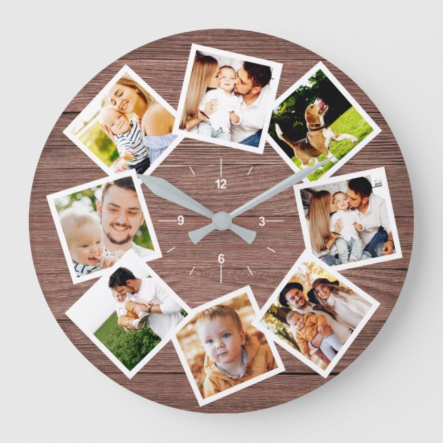 Grande Horloge Ronde Collage Photo Famille Rustic Chic Farmhouse (Recto)