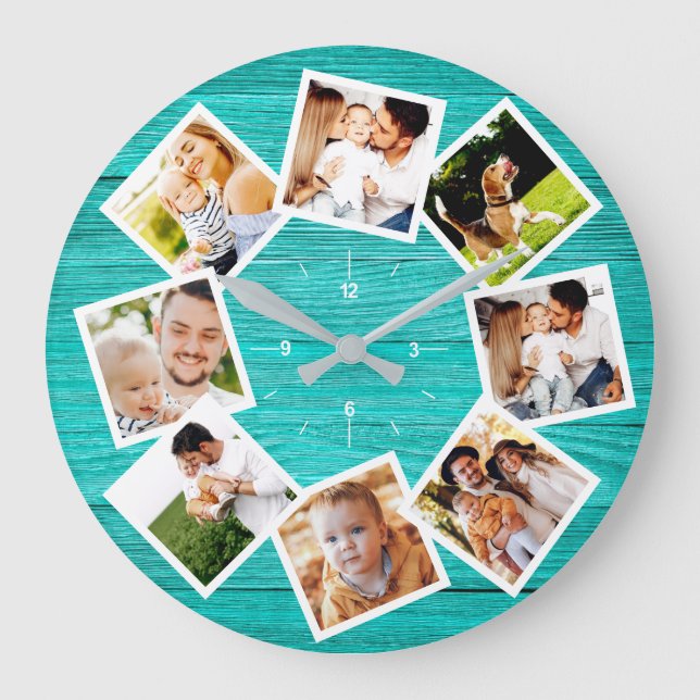 Grande Horloge Ronde Collage Photo Famille Rustic Chic Farmhouse Turquo (Recto)