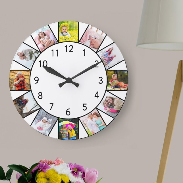 Grande Horloge Ronde Collage photo personnalisé 12 Blanc rond (Photo clock with 12 photos, one at each hour. Great design for your home or a thoughtful photo gift.)
