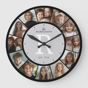 Grande Horloge Ronde Collage photo personnalisé avec monogramme de fami