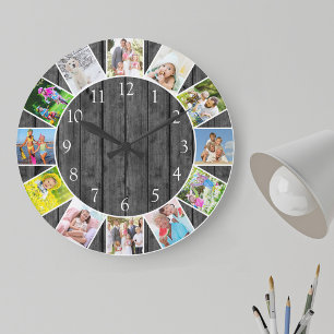 Grande Horloge Ronde Collage photo personnalisé de 12 photos en bois gr