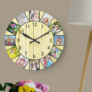 Grande Horloge Ronde Collage photo personnalisé de 12 pièces en bois cr