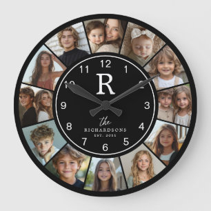 Grande Horloge Ronde Collage photo personnalisé de famille avec monogra