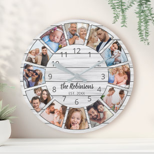 Grande Horloge Ronde Collage photo personnalisé Famille de bois blanc