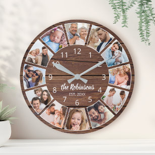 Grande Horloge Ronde Collage photo personnalisé Famille de bois naturel