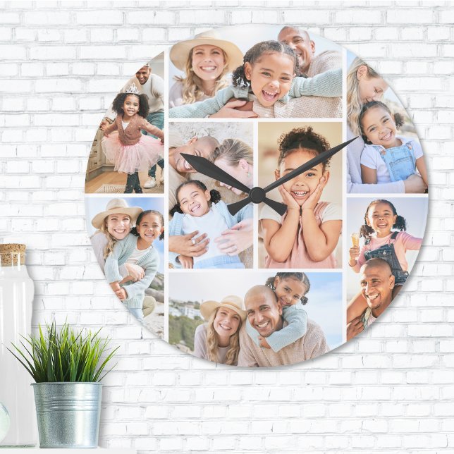 Grande Horloge Ronde Collage photo Simple et élégant (Photo Collage Simple Elegant Picture Large Clock)