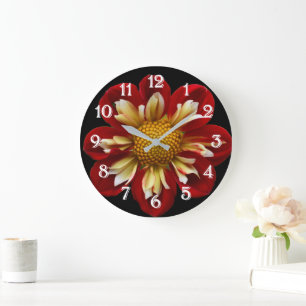 Grande Horloge Ronde Collarette rouge Dahlia sur Floral noir