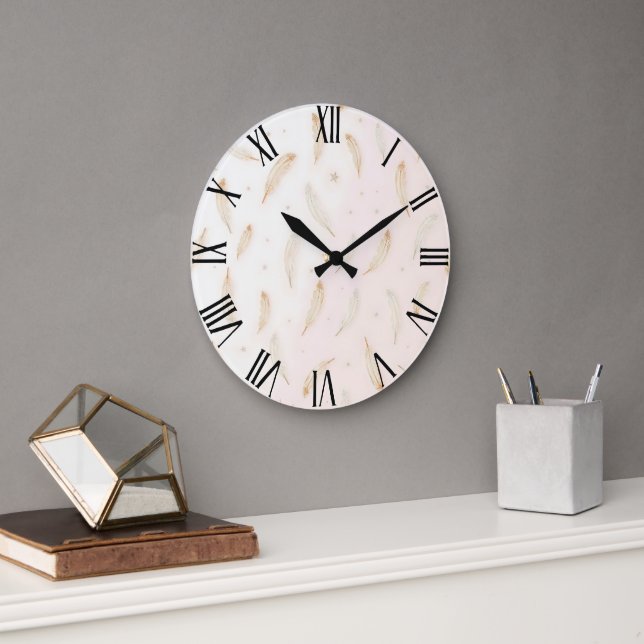 Grande Horloge Ronde Collection Boho Plumes Modernes Luxe (Bureau)