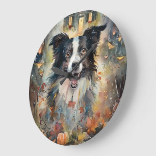 Grande Horloge Ronde Collie de Border Halloween avec citrouilles effray