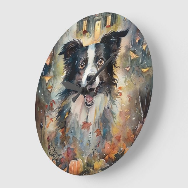Grande Horloge Ronde Collie frontalier d'Halloween avec effroi Citrouil (Angle)