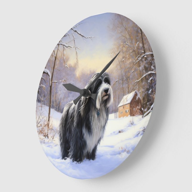 Grande Horloge Ronde Collie Laisser Il Neige Noël (Angle)