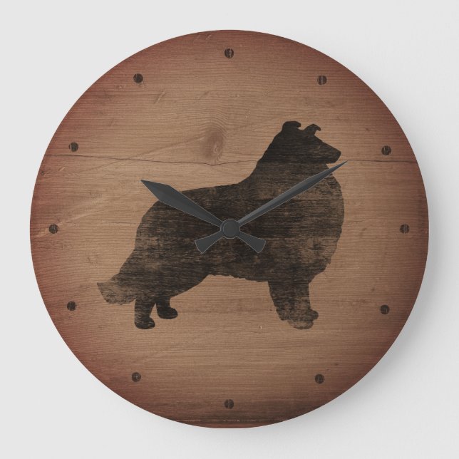 Grande Horloge Ronde Collie Silhouette Style rustique (Recto)