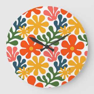 Grande Horloge Ronde Coloré Abstrait Matisse Floral Art Rétro
