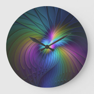 Grande Horloge Ronde Coloré Avec Bleu Moderne Art Fractal Abstrait