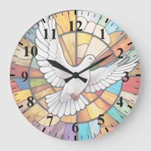 Grande Horloge Ronde Coloré blanc Dove Vitrail Oiseau