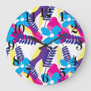 Grande Horloge Ronde Coloré Chic Floral & Dot Motif avec Feuille