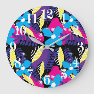 Grande Horloge Ronde Coloré Chic Floral & Dot Motif avec Feuille Lar