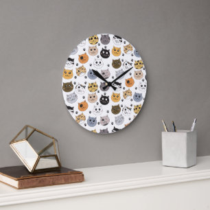 Grande Horloge Ronde Coloré Cute Funny Chats & Motif Paw