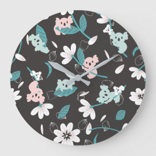 Grande Horloge Ronde Coloré Koala Motif mignon animal et floral