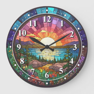 Grande Horloge Ronde Coloré Nature Coucher de soleil Faux Verre Tiré Mo