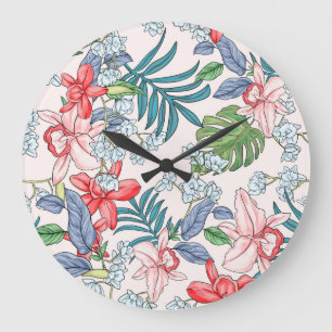 Grande Horloge Ronde Coloré Tropical Jungle sans fil Imprimer