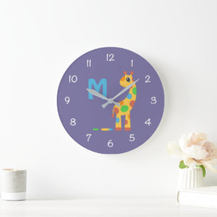 Grande Horloge Ronde Colorful Cartoon Girafe and Butterfly Monogram