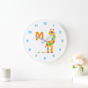 Grande Horloge Ronde Colorful Cartoon Girafe and Butterfly Monogram