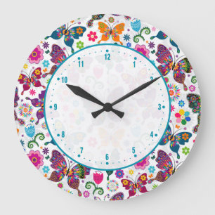 Grande Horloge Ronde Colorful Cute Retro Flowers & Butterflies Pattern
