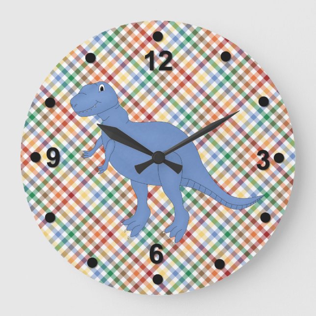 Grande Horloge Ronde Colorful Plaid & Dinosaur Kid's Clock (Recto)