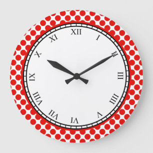 Grande Horloge Ronde Colorful Polka Dot Roman Digits Red on any Color