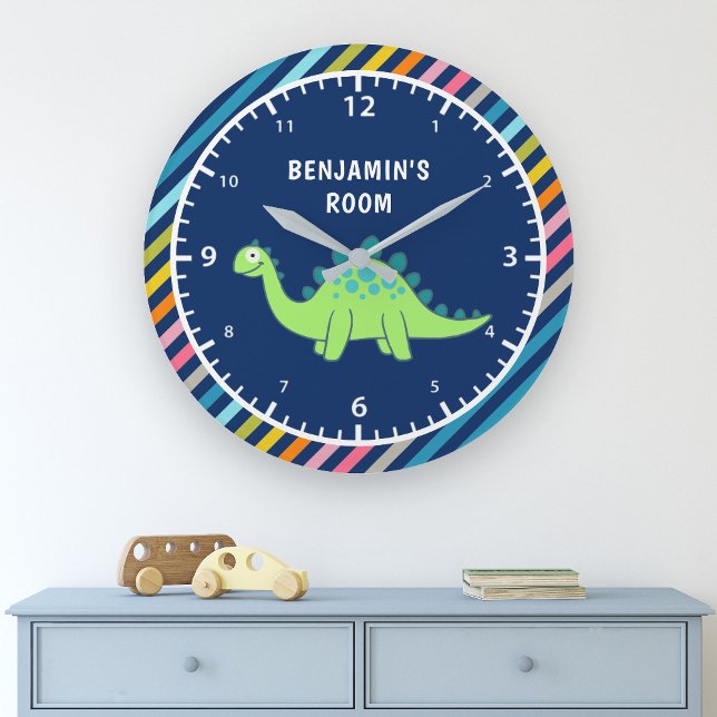Grande Horloge Ronde Colorful Stripes Cute Green Dinosaur (Créateur téléchargé)