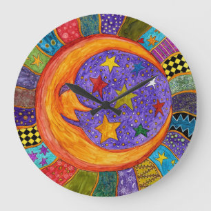 Grande Horloge Ronde Colorful Sun, Moon and Stars Clock