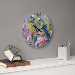 Grande Horloge Ronde "Compagnons Vibrants : Budgies bleues et jaunes"