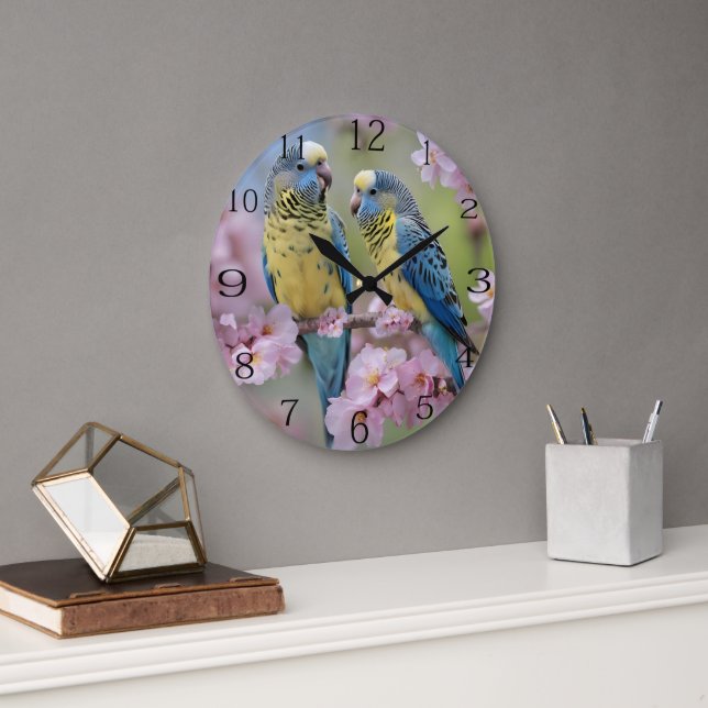 Grande Horloge Ronde "Compagnons Vibrants : Budgies bleues et jaunes" (Bureau)
