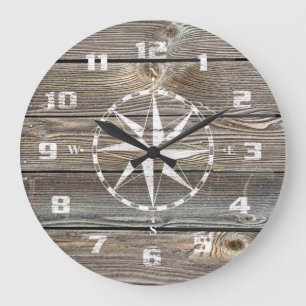 Grande Horloge Ronde Compas nautique d'Authentic looking Wood rustic