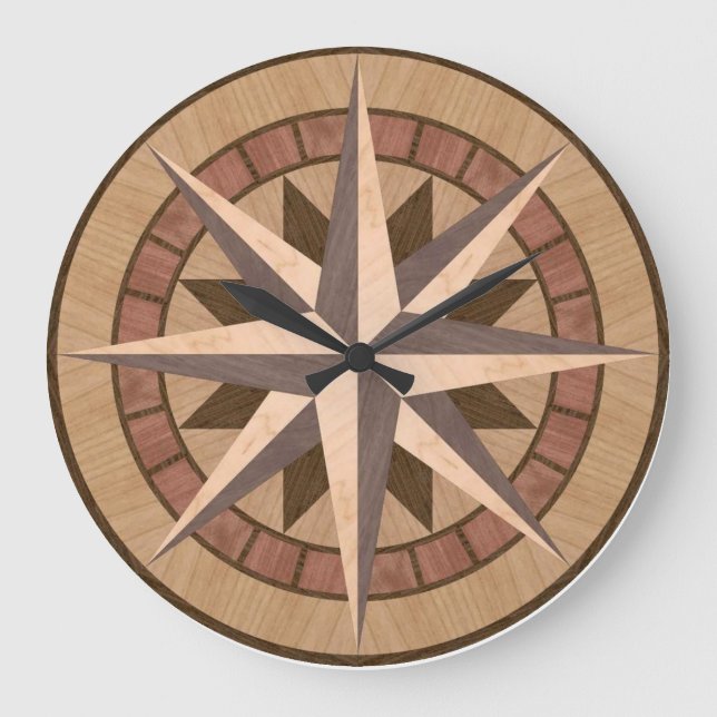 Grande Horloge Ronde Conception de boussole en bois incrusté (Recto)