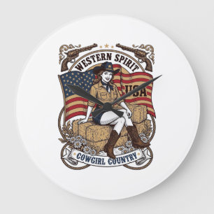 Grande Horloge Ronde Conception de chemise patriotique de cowgirl occid