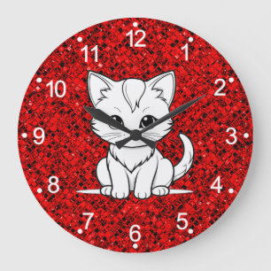 Grande Horloge Ronde Conception de dessin au trait de chat stylisé-5231
