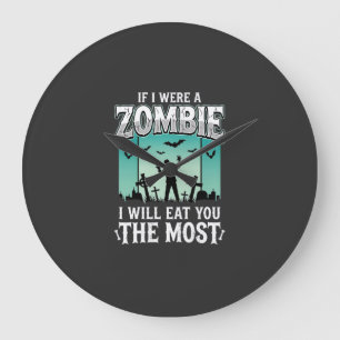 Grande Horloge Ronde Conception de Halloween Je Mangerai Zombie_1