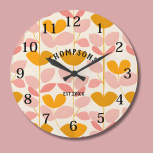 Grande Horloge Ronde Conception de la feuille rose et jaune Monogramme