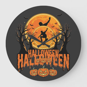 Grande Horloge Ronde Conception de Lune de Skateboard d'Halloween Hallo