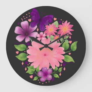 Grande Horloge Ronde Conception de papillon floral rose à l'aquarelle