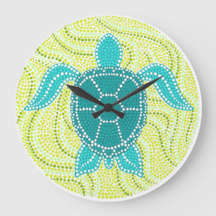Grande Horloge Ronde Conception de points verts et bleus de la tortue m