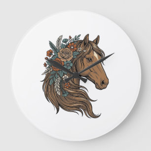 Grande Horloge Ronde Conception de vecteur de tête de cheval floral vin