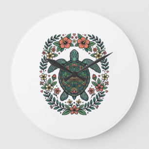 Grande Horloge Ronde Conception de vecteur floral de tortue de mer vint