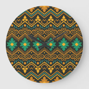 Grande Horloge Ronde Conception Ethnique De Tissu Ikat Brodé