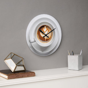 Grande Horloge Ronde Conception Feuille En Coupe Cappuccino Blanche